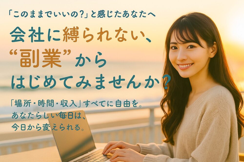 ノートパソコンを操作しながら優しく微笑む若い日本人女性。海辺のテラスでリラックスした雰囲気の中、「会社に縛られない“副業”からはじめてみませんか？」というメッセージが重なる。