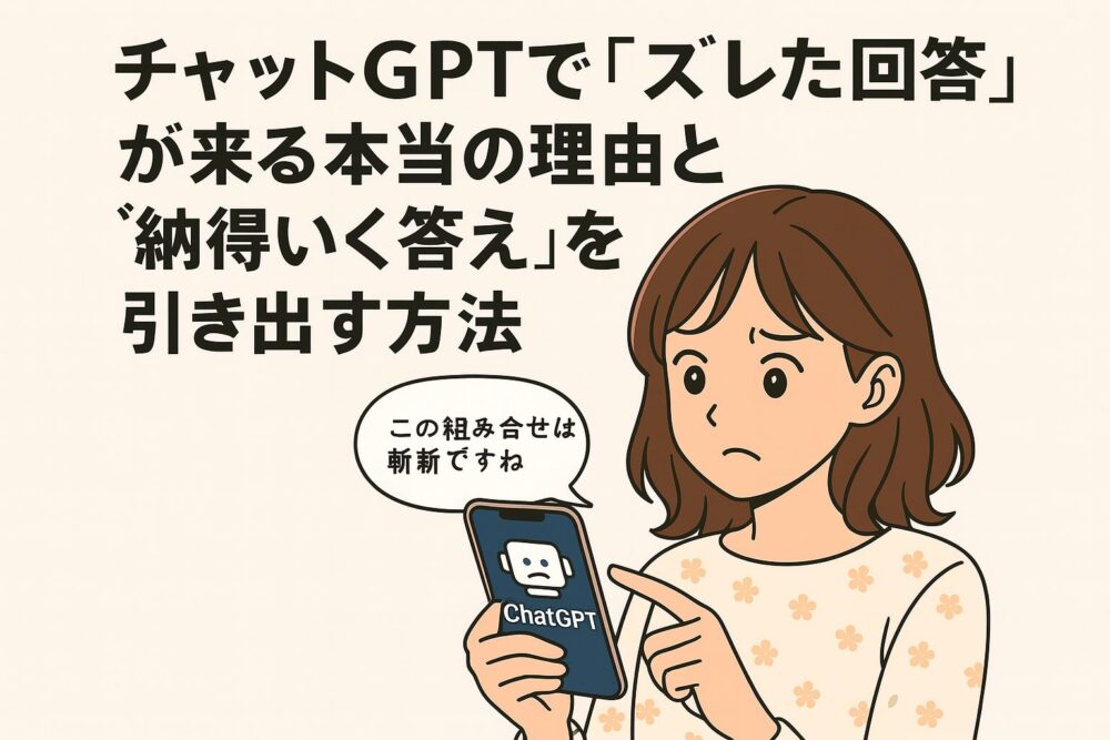 ChatGPTに質問してもズレた答えばかり返ってくる主婦の困り顔とPC画面