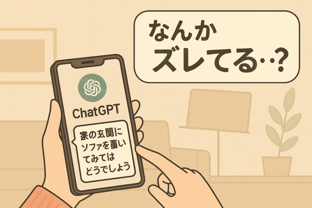 スマートフォンでChatGPTの画面を見ながら指をさしている人物の手元。画面には「家の玄関にソファを置いてみてはどうでしょう」と表示され、横には「なんかズレてる..？」という吹き出しがある。背景にはソファや観葉植物が描かれており、全体はベージュ系の柔らかなイラスト調。